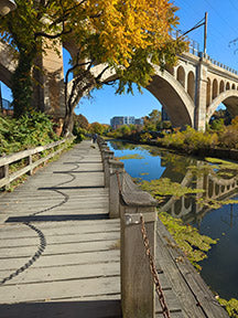 Beautiful autumn photo of Manayunk Towpath and multicolored trees and stone bridge