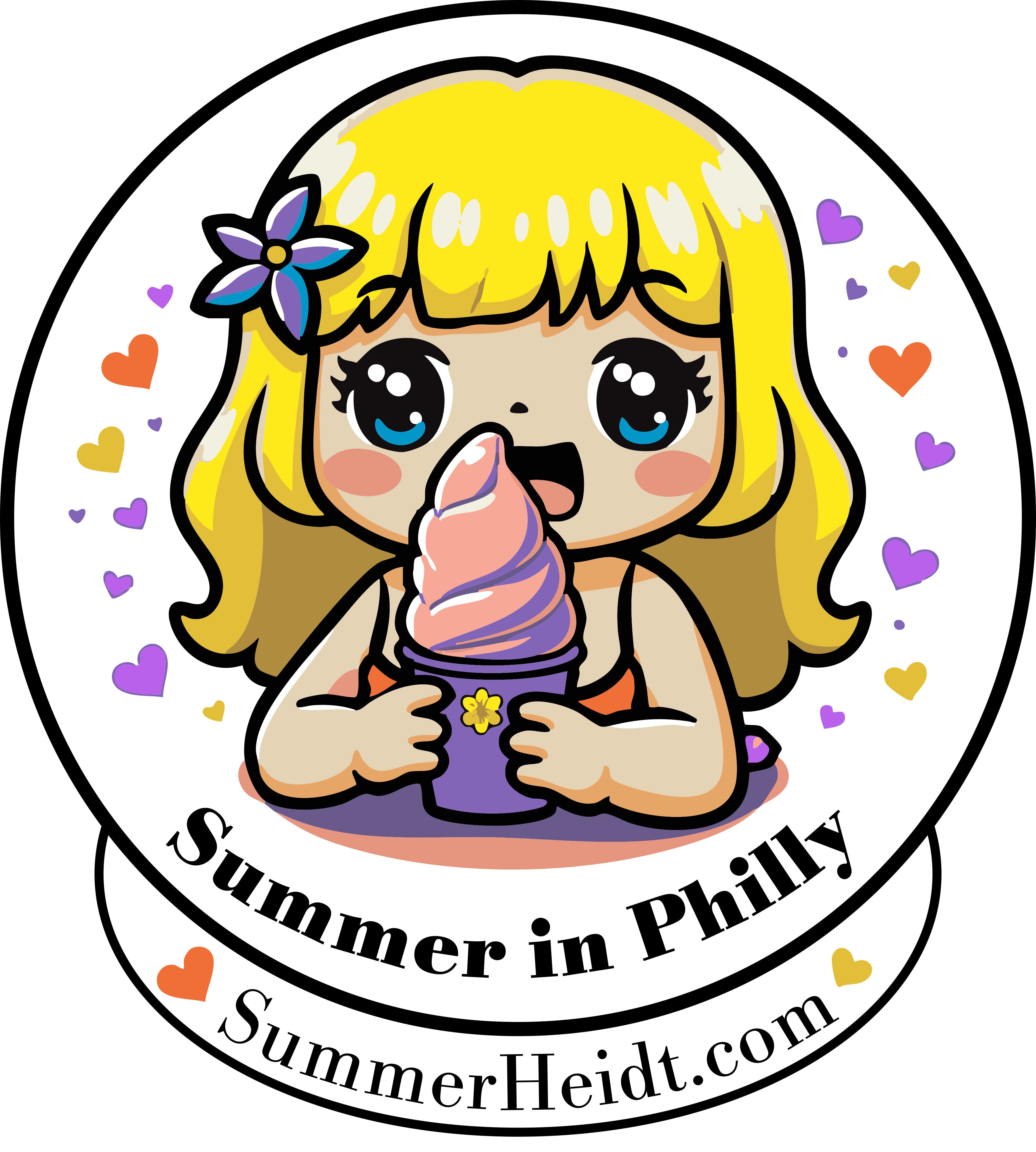Summer in Philly Logo - a cute blonde girl holding a water ice. Text - Summer in Philly, summerheidt.com