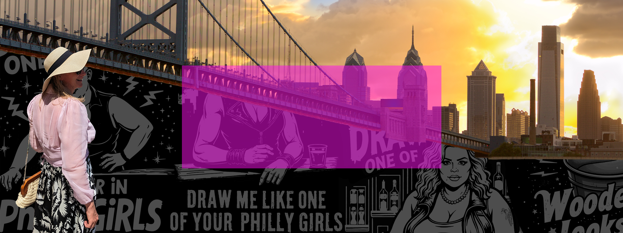 A woman in a pink top and skirt, with a hat, is in front of a mural featuring a Philadelphia city skyline and graphic art. Floating text on top.