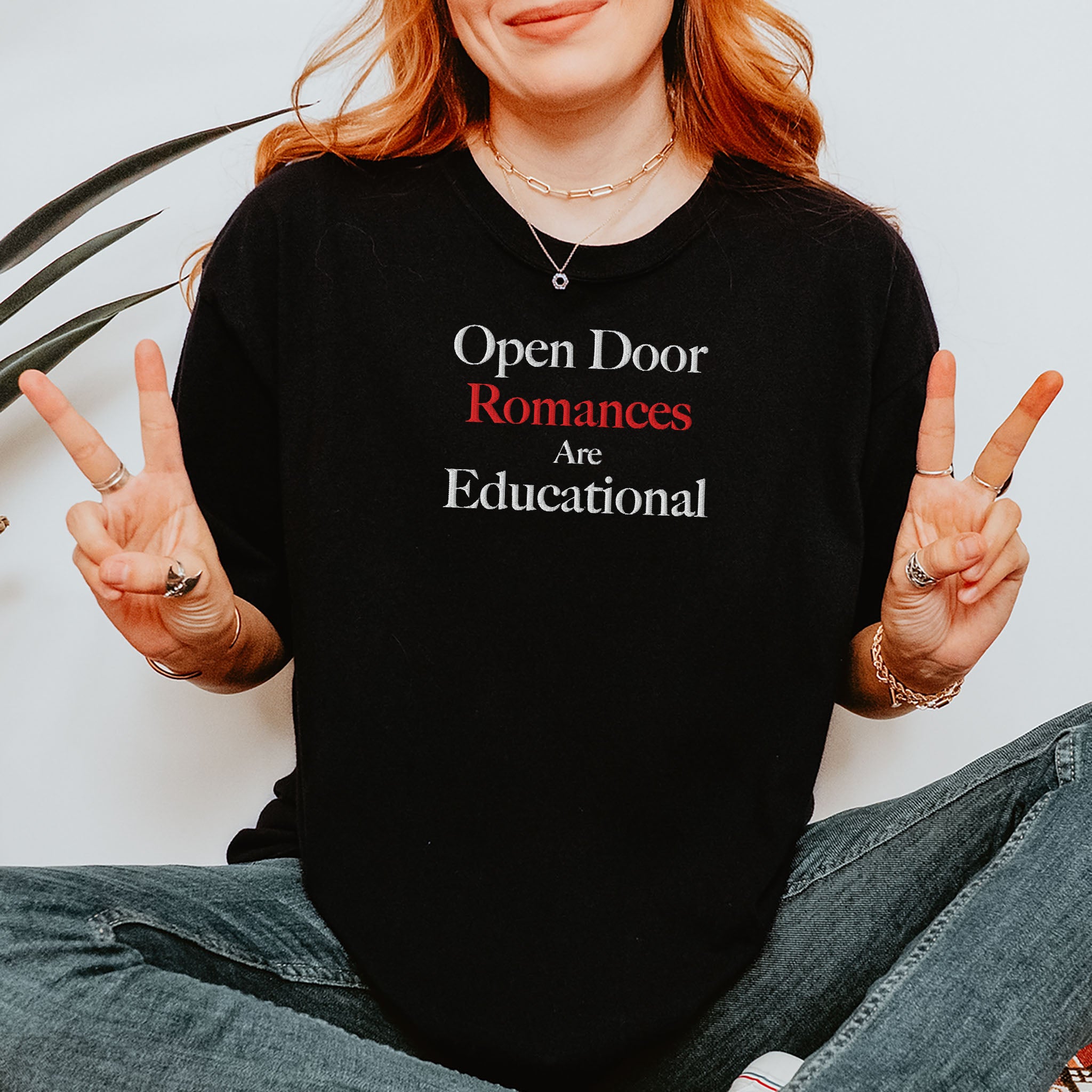 Embroidered T-shirt Funny Sarcastic for Romance Novel Readers Sassy Plus Size Available Open Door Romances Are Educational Gift for Her