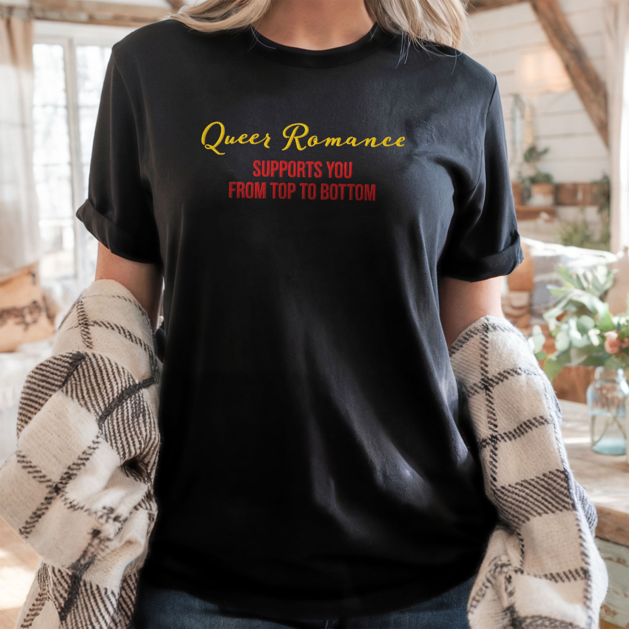 Queer Romance Supports You from Top to Bottom Embroidered T-shirt, Spicy Romance Gift, LGBTQ Lesbian Gay Tee