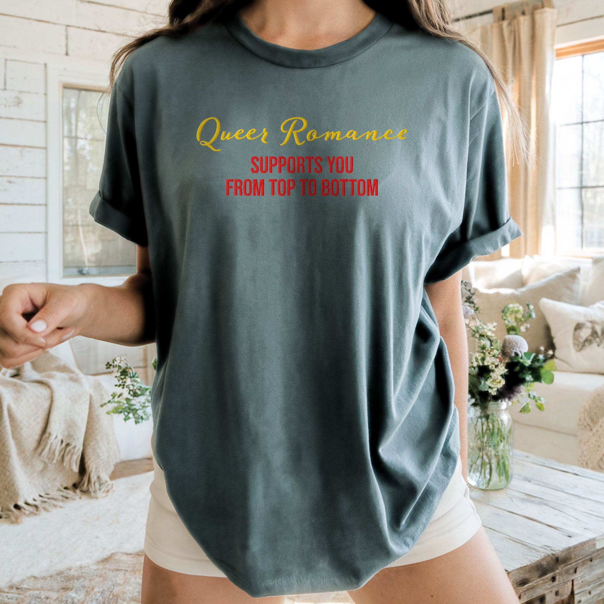 Queer Romance Supports You from Top to Bottom Embroidered T-shirt, Spicy Romance Gift, LGBTQ Lesbian Gay Tee