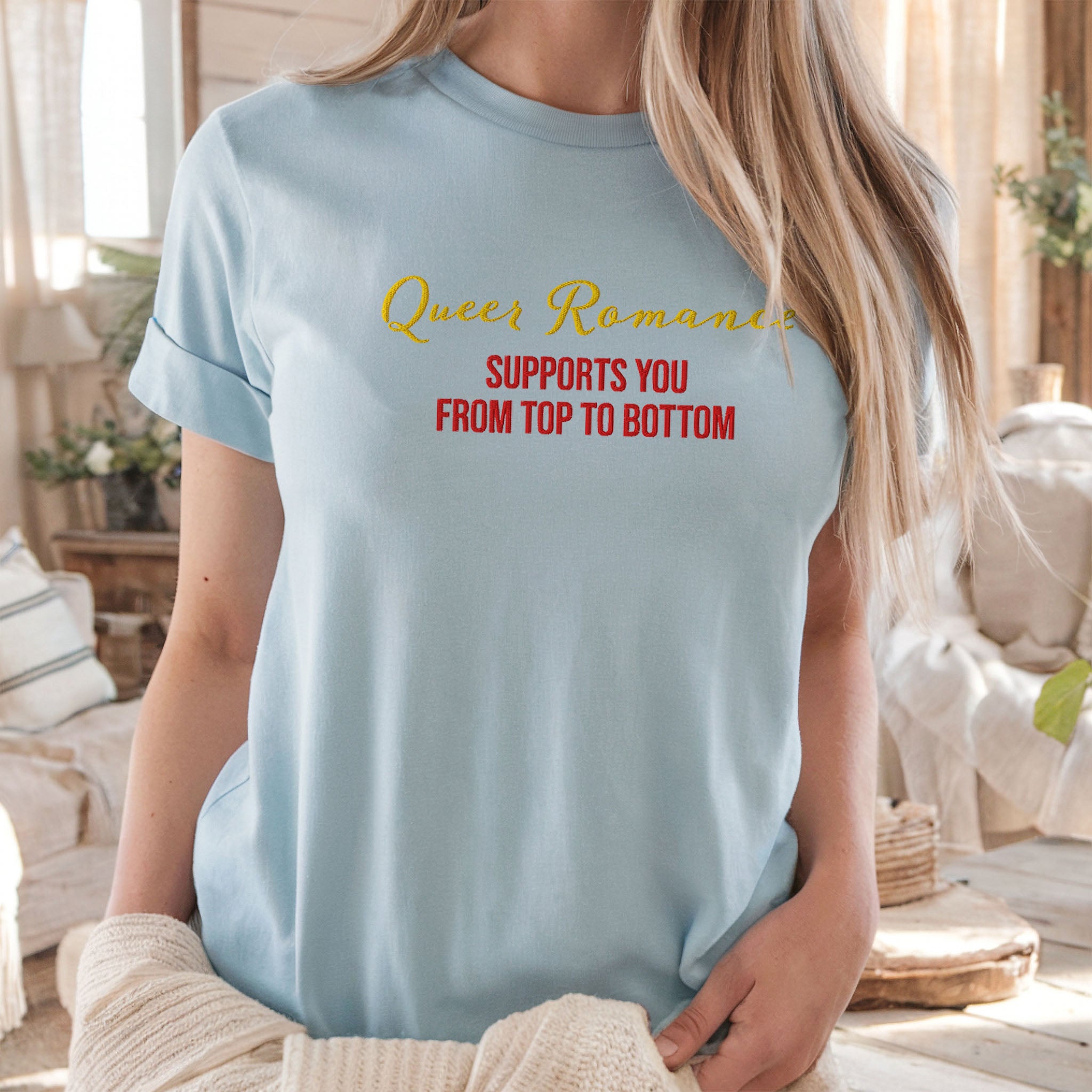 Queer Romance Supports You from Top to Bottom Embroidered T-shirt, Spicy Romance Gift, LGBTQ Lesbian Gay Tee
