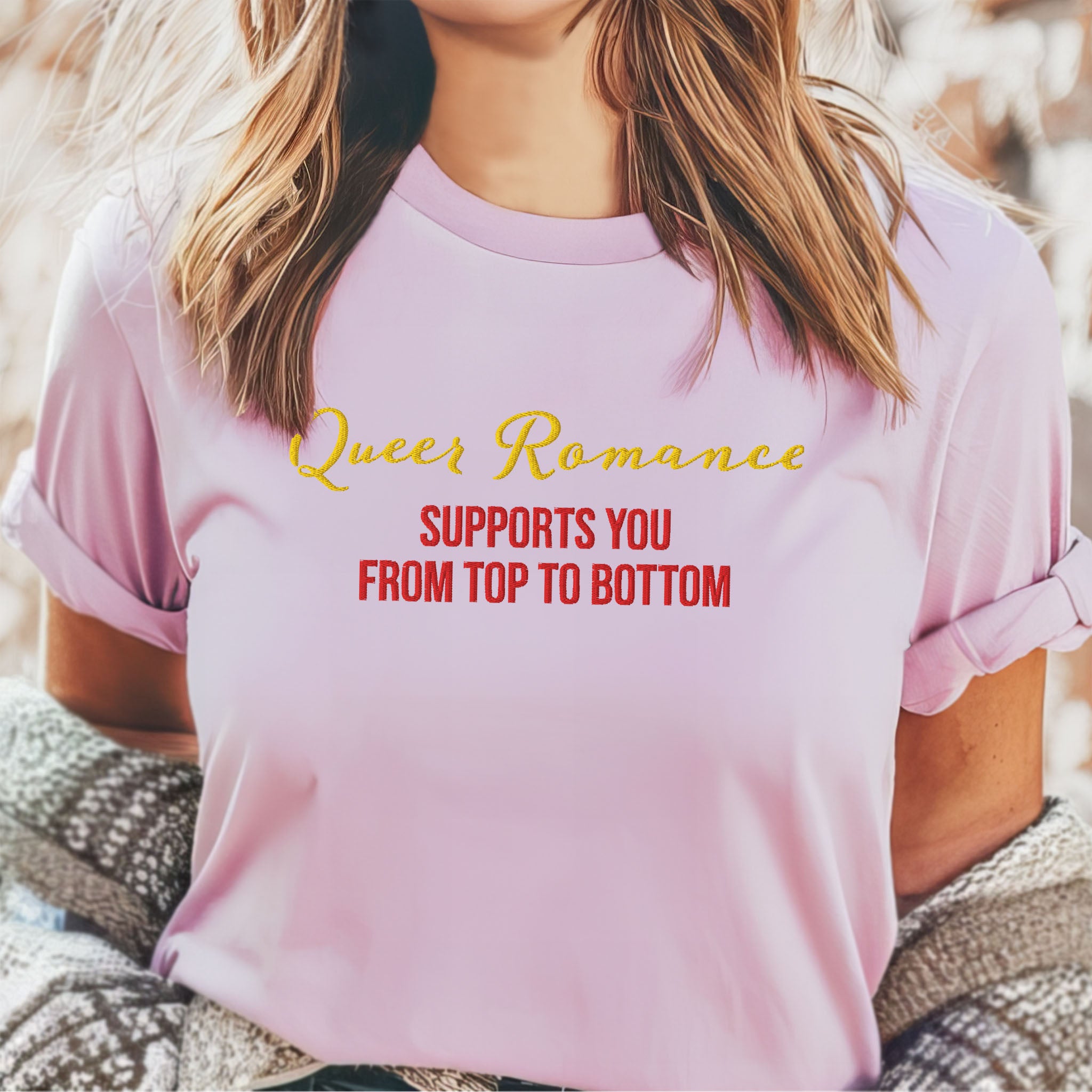 Queer Romance Supports You from Top to Bottom Embroidered T-shirt, Spicy Romance Gift, LGBTQ Lesbian Gay Tee