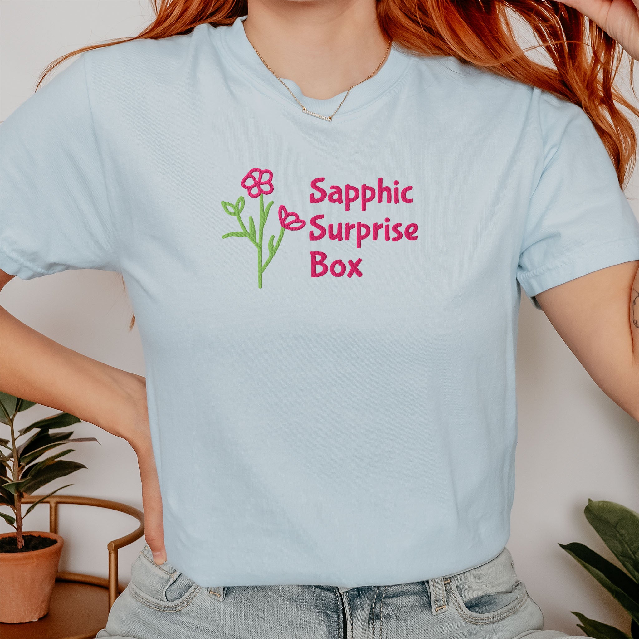 Embroidered Sapphic Surprise Box Tee Spicy Romance Reader Gift Comfort Colors LGBTQ Lesbian T-shirt