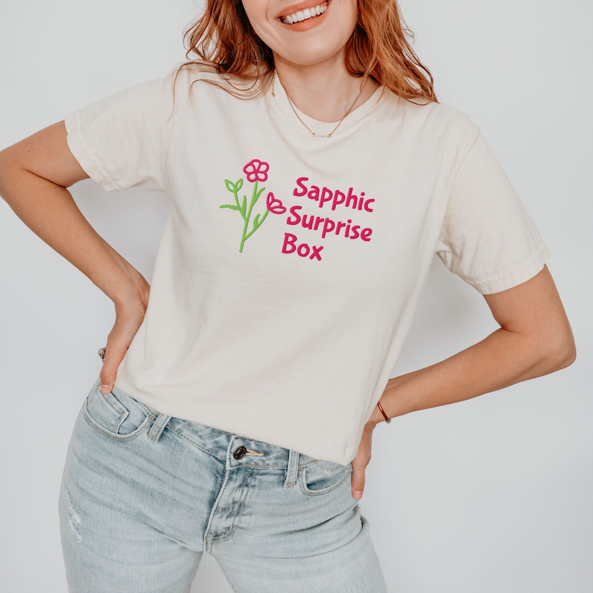 Embroidered Sapphic Surprise Box Tee Spicy Romance Reader Gift Comfort Colors LGBTQ Lesbian T-shirt