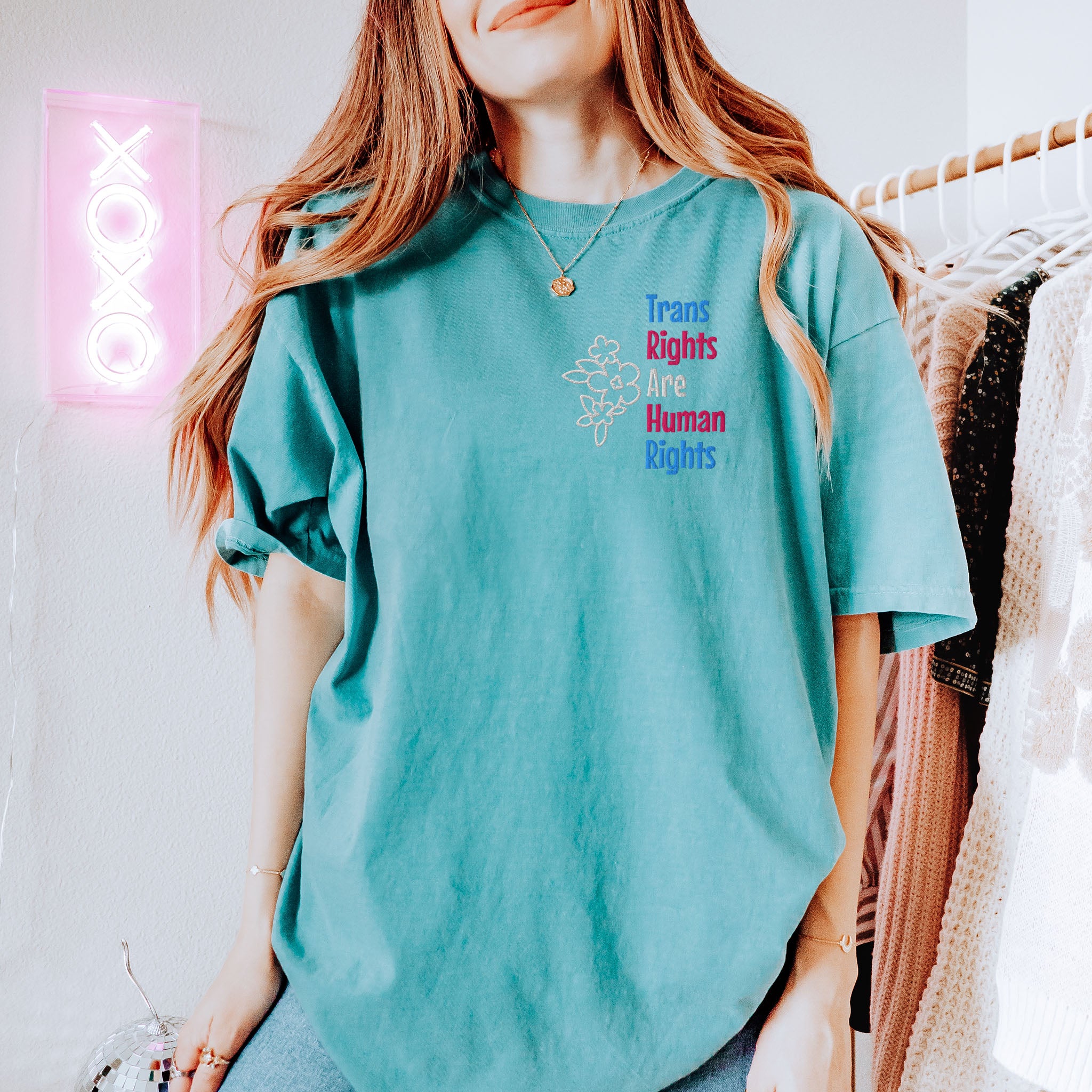 Embroidered T-shirt Trans Rights Are Human Rights Support Equality and Justice Comfort Colors Plus Sizes Available