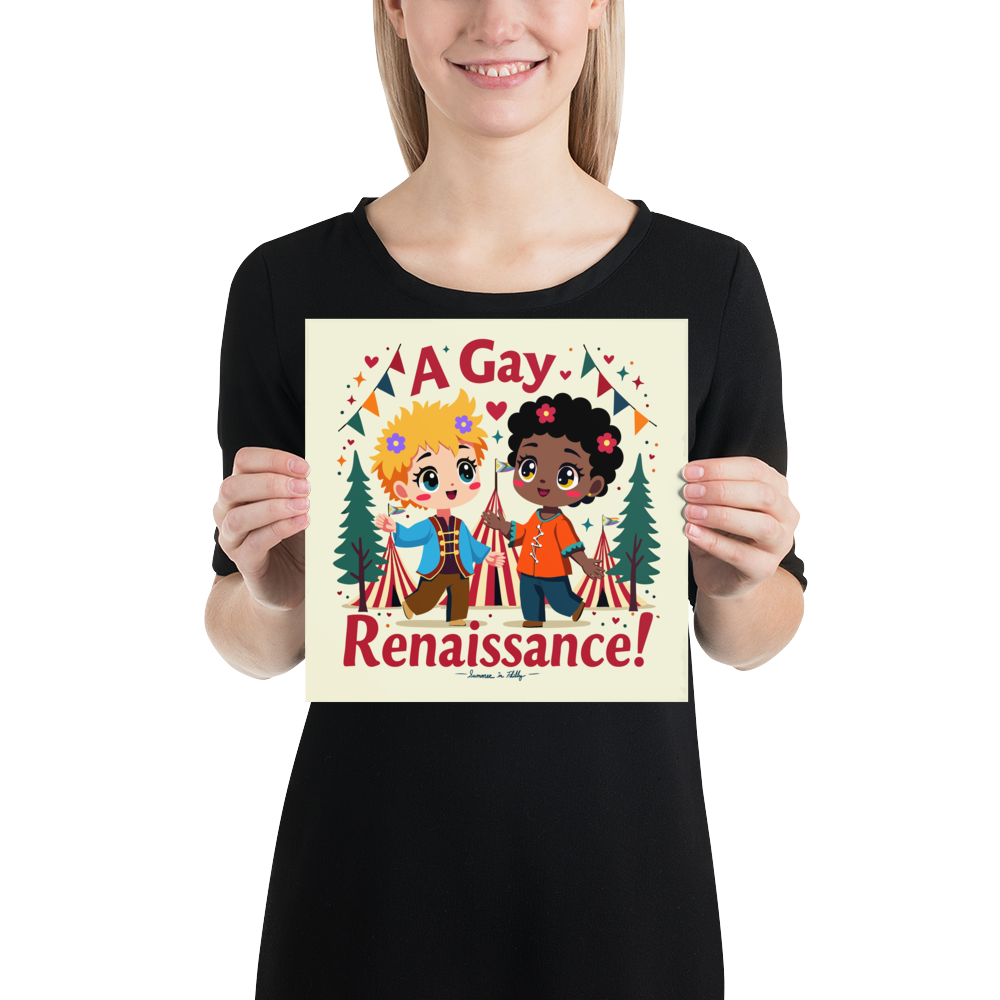 Product mockup - enhanced-matte-paper-poster-_in_-10x10-person, Two cute boys, one black one white, dancing in front of a renaissance faire scene with Pride flags in the back - Text, A Gay Renaissance, Summer in Philly