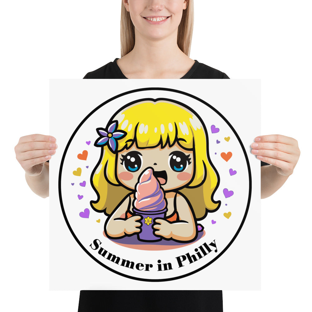 Product mockup A cute blonde girl with a flower in her hair holds a wooder ice and is surrounded by hearts. Text: Summer in Philly enhanced-matte-paper-poster-_in_-18x18