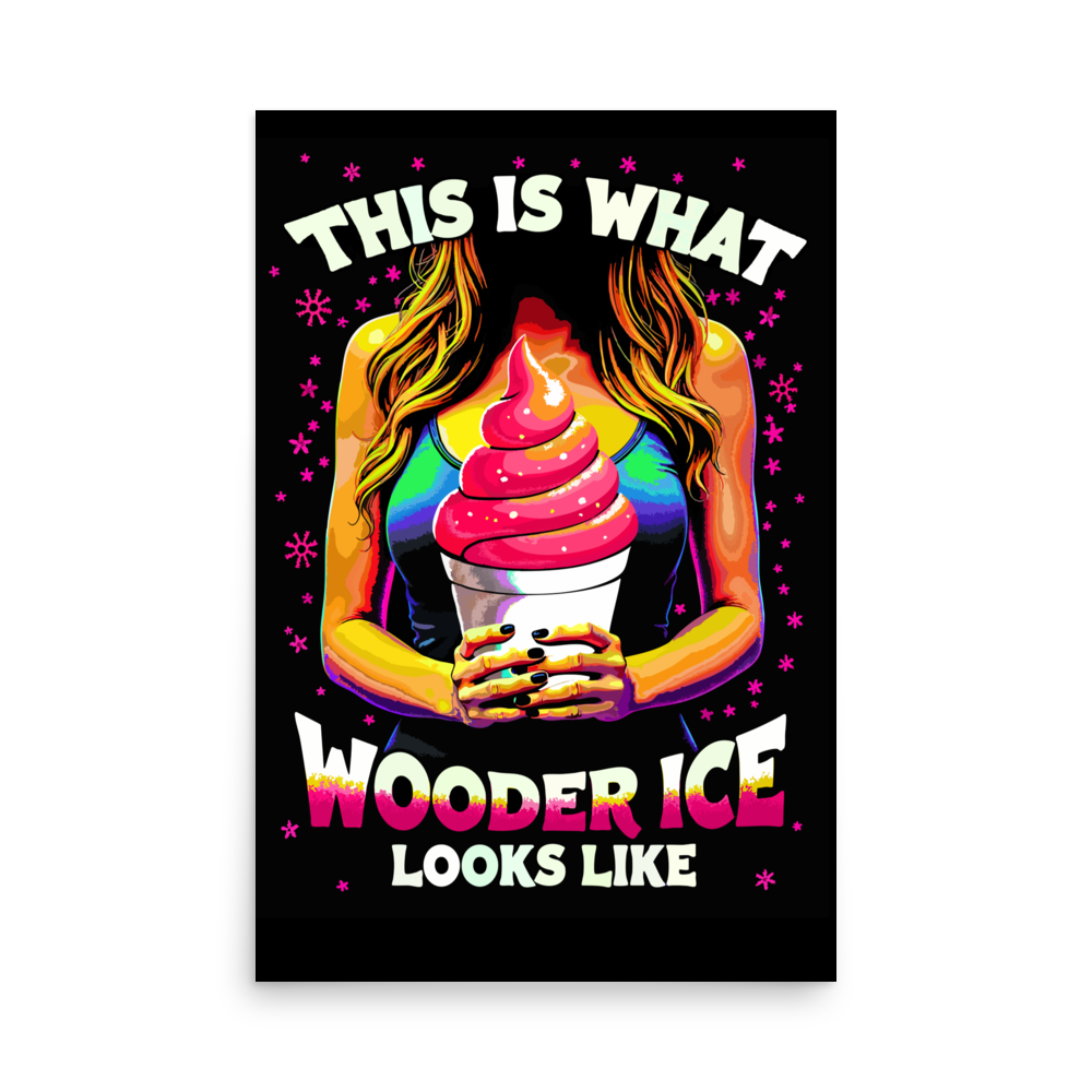 Product mockup This is a fun 60’s colors trippy take on a woman holding a huge wooder ice. Her blonde hair contrasts with the pink Wooder ice and the green scoop top. Pink snowflakes surround her. Text: This is What Wooder Ice Looks Like - enhanced-matte-paper-poster-_in_-24x36-front