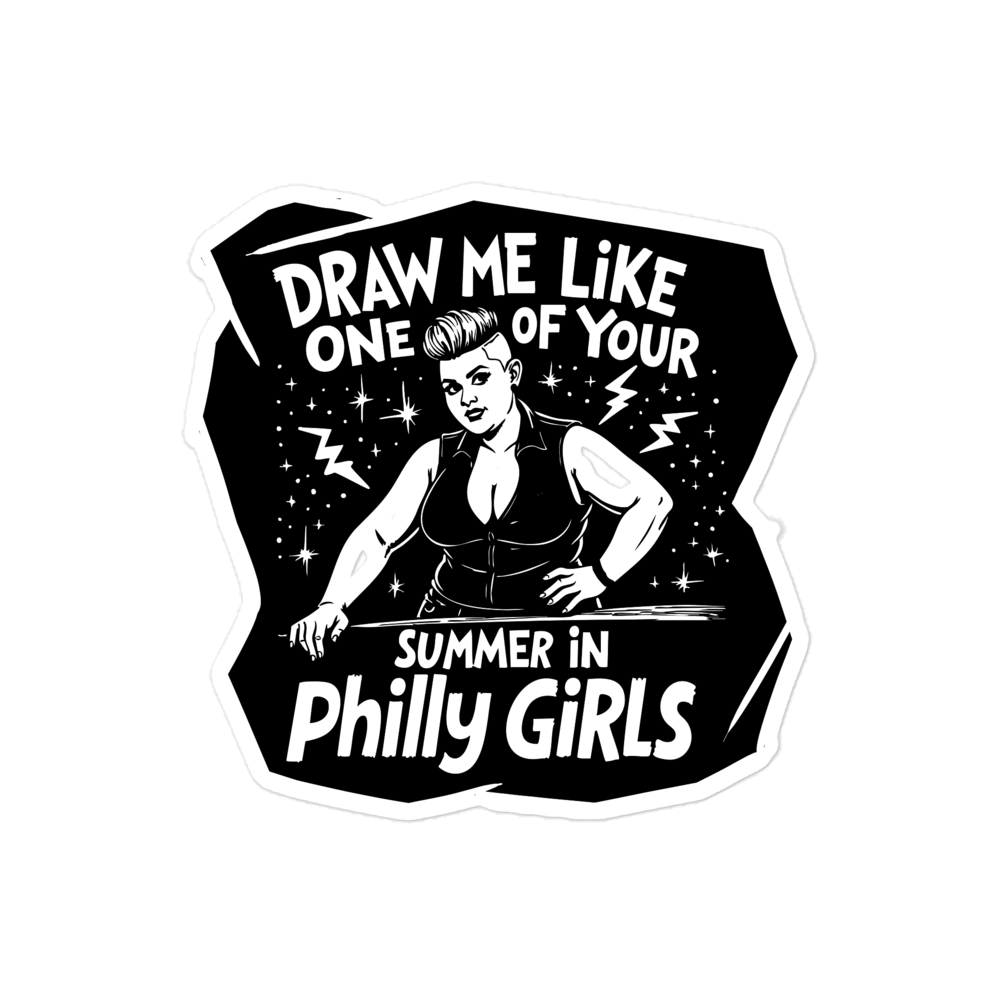 Product mockup - A black only line design of a beautiful, tough looking lady in a black leather vest and pants at a bar.  Black starry and lighting bolt background. Text - Draw me like one of your summer in Philly Girls kiss-cut-stickers-white-4x4