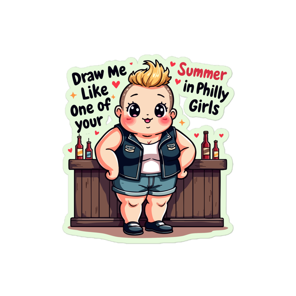 Product mockup - Cute Kawaii style design of a beautiful, tough looking lady in a black leather vest and Denim shorts at a bar.  Text - Draw me like one of your summer in Philly Girls kiss-cut-stickers-white-4x4