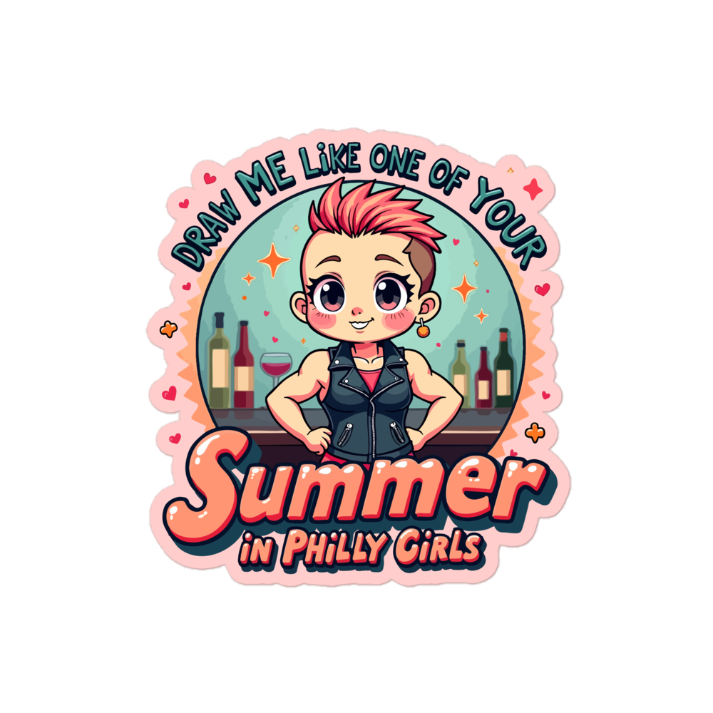 Product mockup - Cute Kawaii style design of a beautiful, tough looking lady in a black leather vest and red shorts at a bar. She’s blushing and has one round earring. Text - Draw me like one of your summer in Philly Girls kiss-cut-stickers-white-4x4