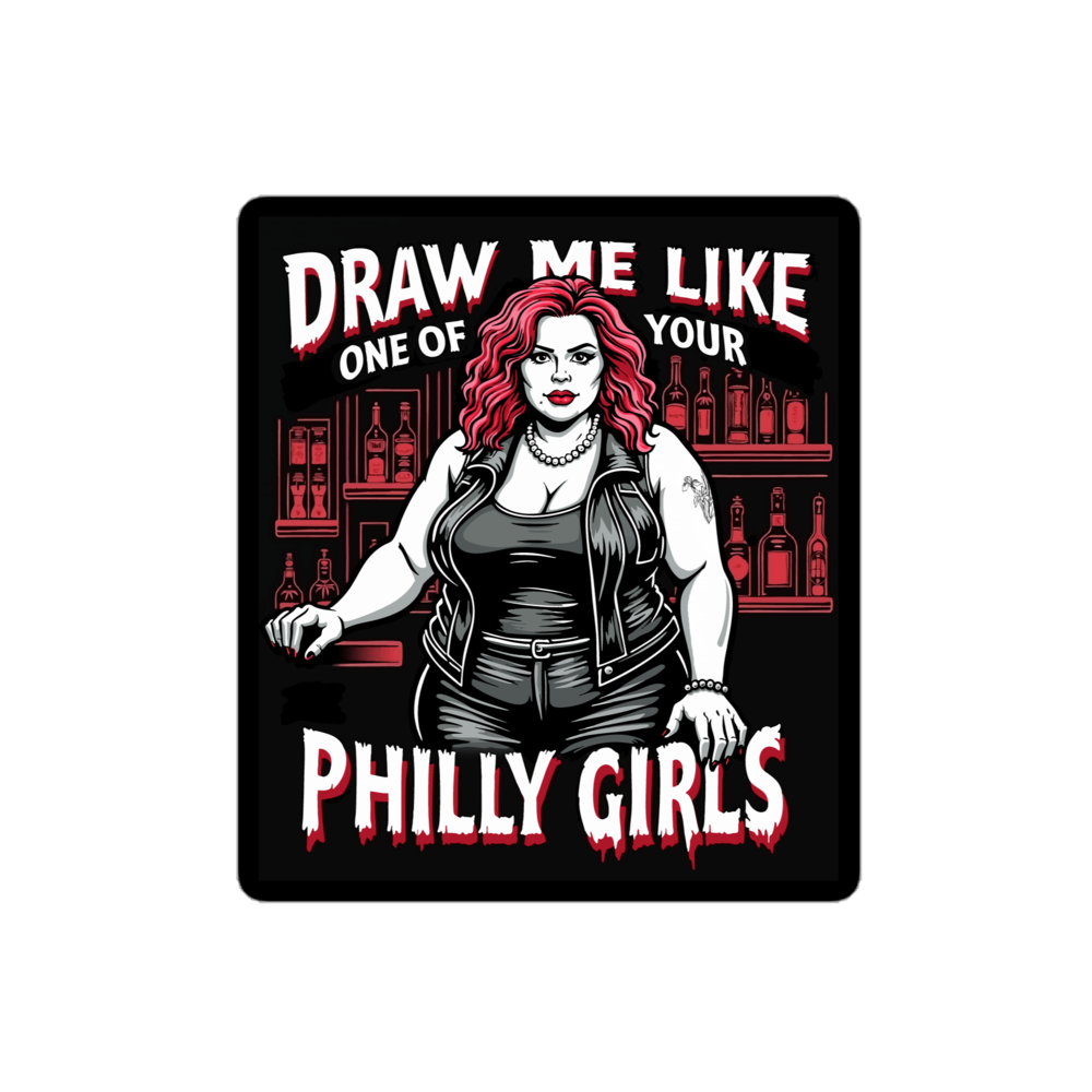 Product mockup - A black and red line design of a beautiful, tough looking lady in a black leather vest, black scoop neck Tee, and pants at a bar. She has a tattoo of irises on her shoulder and a pearl necklace.  Black and red bar background. Text - Draw me like one of your Philly Girls kiss-cut-stickers-white-4x4