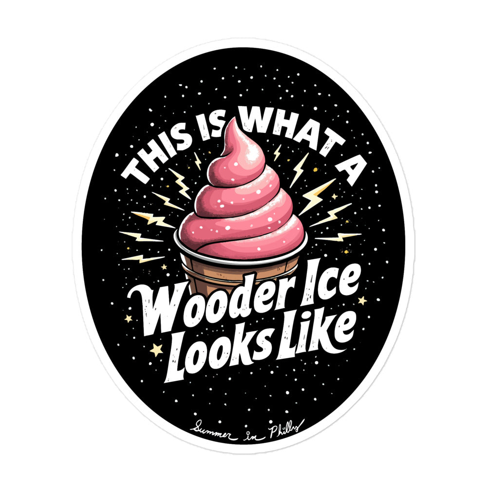 Text - This is what a wooder ice looks like, Image -  a water ice in a cup surrounded by black with - Sticker