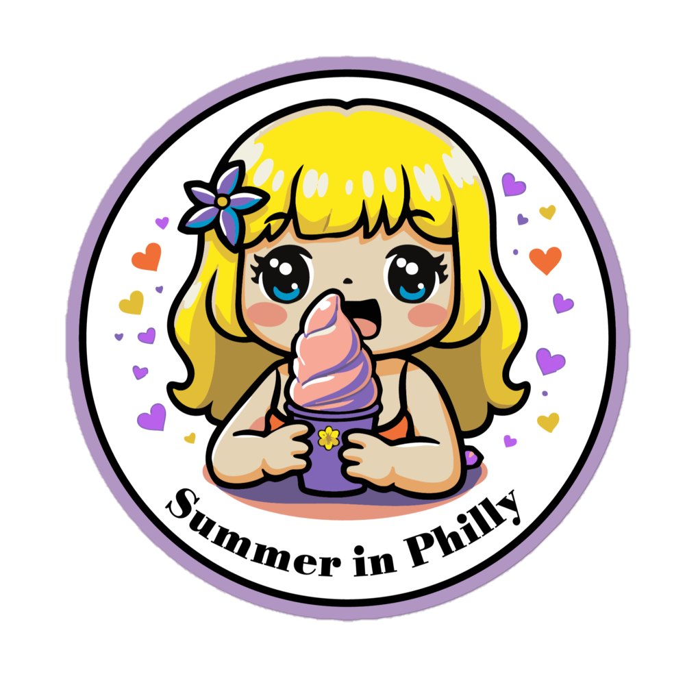 Summer in Philly Logo sticker 5.5x5.5- A cute blonde girl with a flower in her hair holds a wooder ice and is surrounded by hearts. Text: Summer in Philly