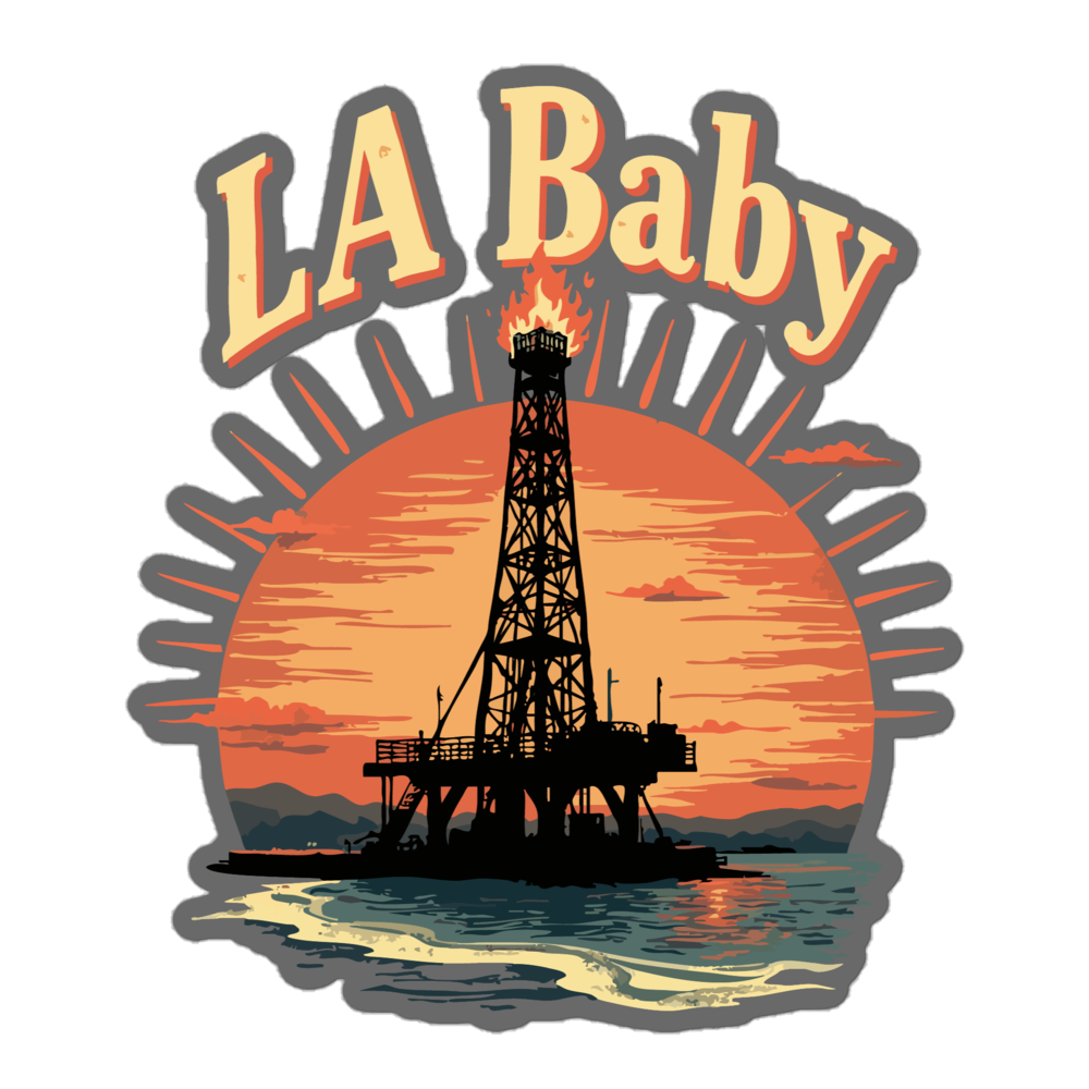 Product mockup - A design depicting a crumbling oil rig on the shore of Los Angeles at sunset. Text - LA Baby kiss-cut-stickers-white-5.5x5.5-