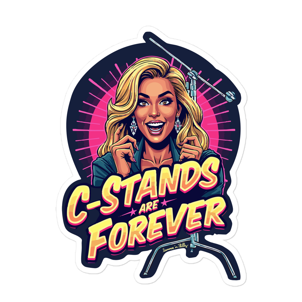 Product mockup - A smiling blonde woman with great wavy hair and diamond earrings appears with a chrome C-Stand stand behind the text - C-Stands are Forever. Pink and purple backgrounds kiss-cut-stickers-white-5.5x5.5