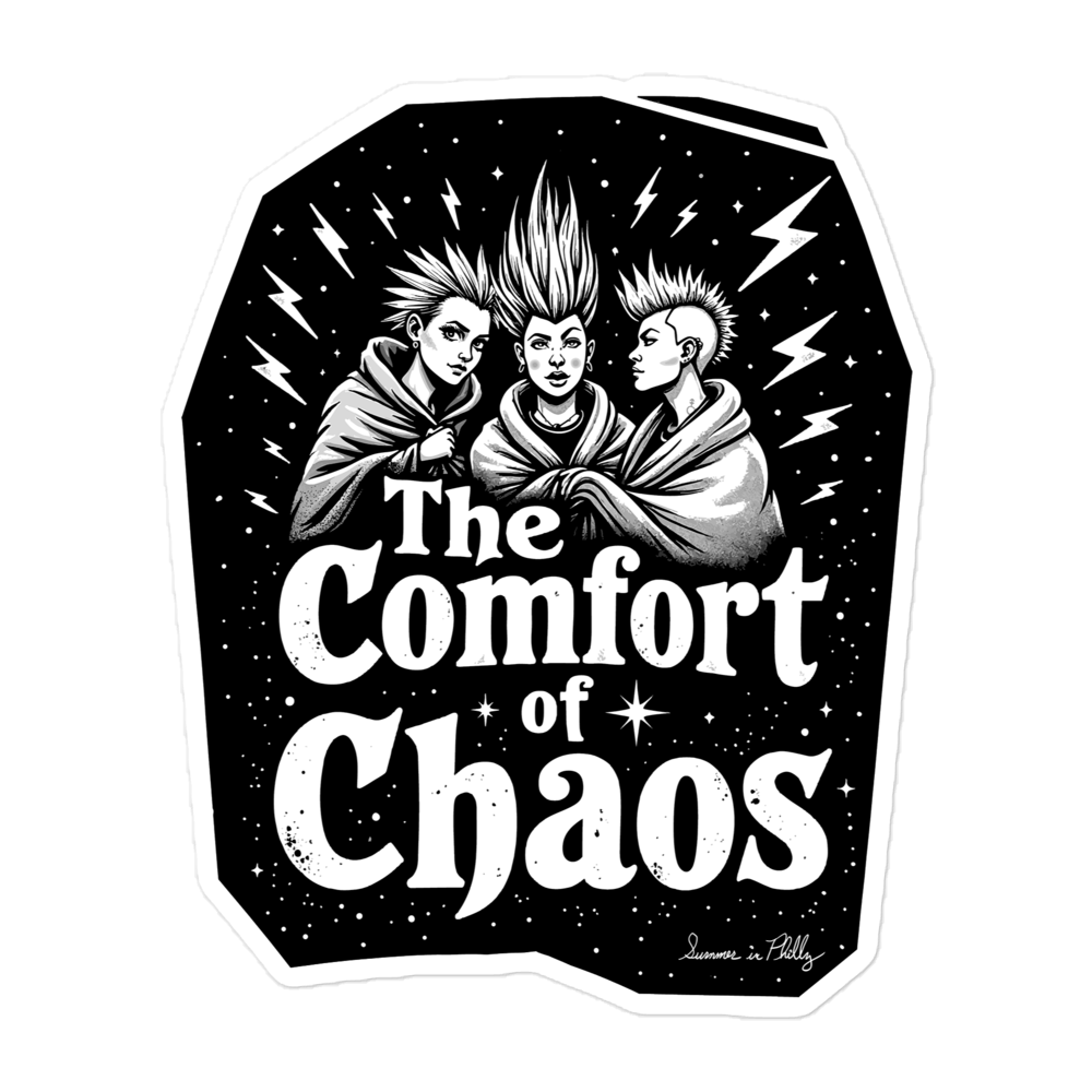 Product mockup Three girl punks are wrapped in comfy looking blankets. They have spiky hair and the one with the undercut has a trans tattoo on their neck.  Design is Black, white, and gray. Text: “The Comfort of Chaos, Summer in Philly”  kiss-cut-stickers-white-5.5x5.5-