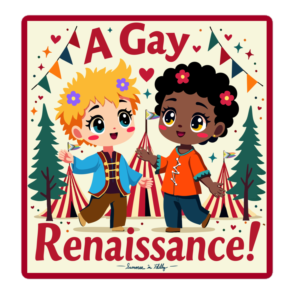 Product mockup - kiss-cut-stickers-white-5.5x5.5 - Two cute boys, one black one white, dancing in front of a renaissance faire scene with Pride flags in the back - Text, A Gay Renaissance, Summer in Philly
